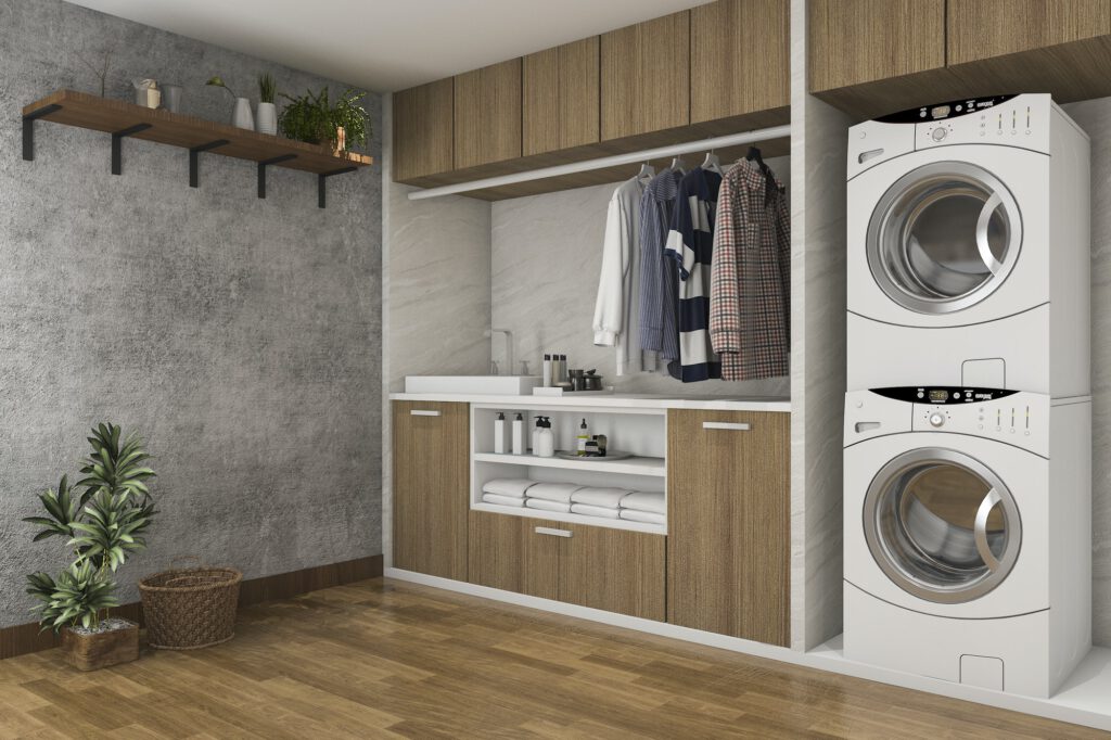 3d rendering wood laundry room with concrete wall